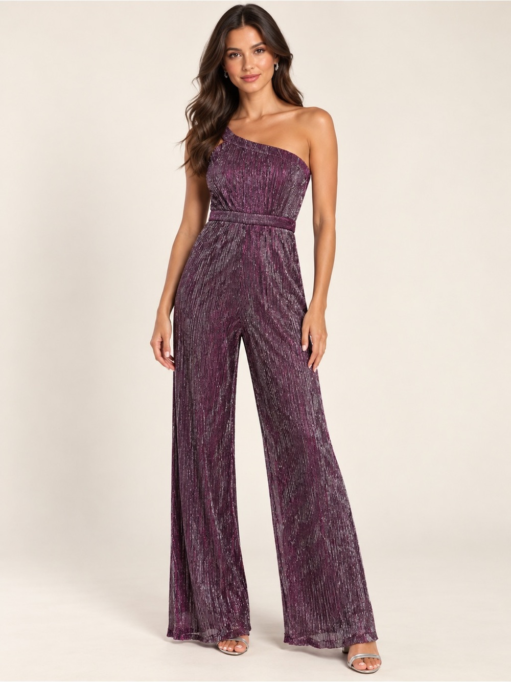 Lulus Glitter Girl Shiny Purple One Shoulder Wide Leg Jumpsuit XS
